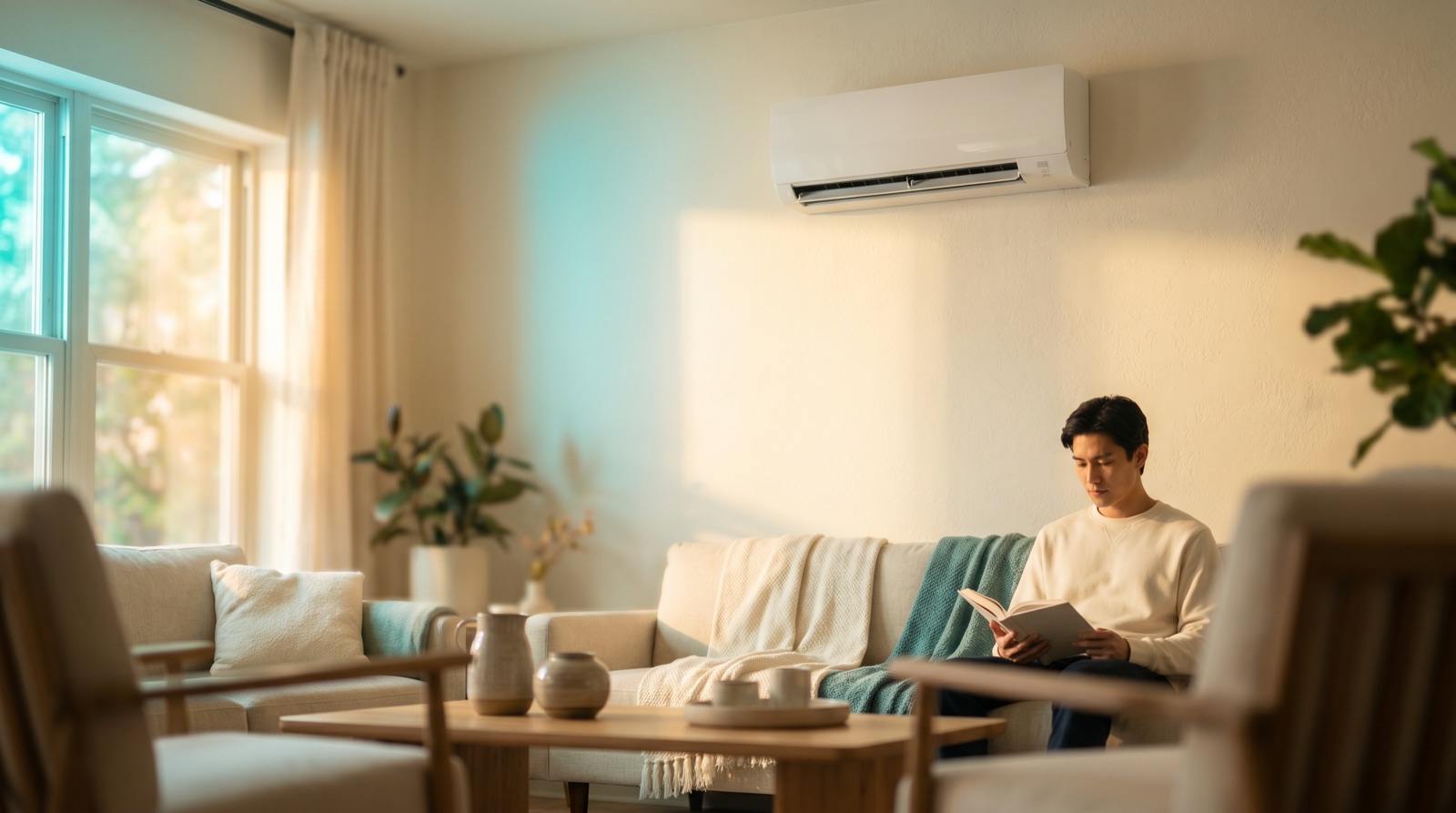 Sleek ductless mini-split head mounted on a modern Utah living room wall
