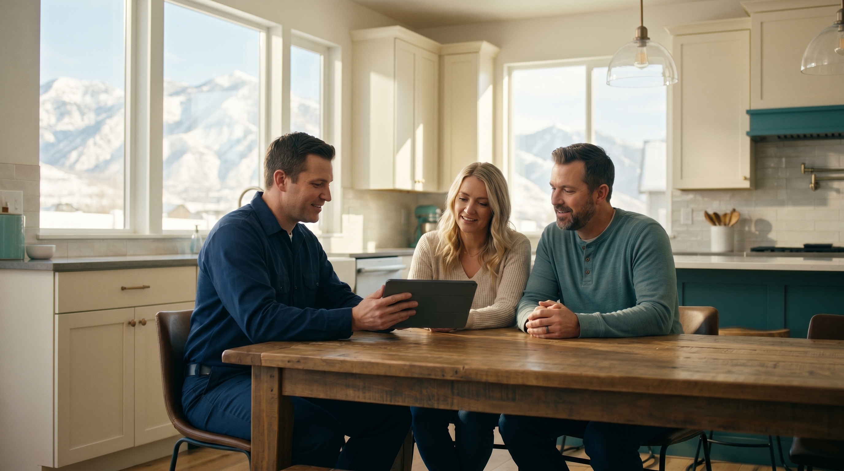A Home Performance Pros technician reviewing flexible HVAC financing options with a Utah homeowner couple at their kitchen table