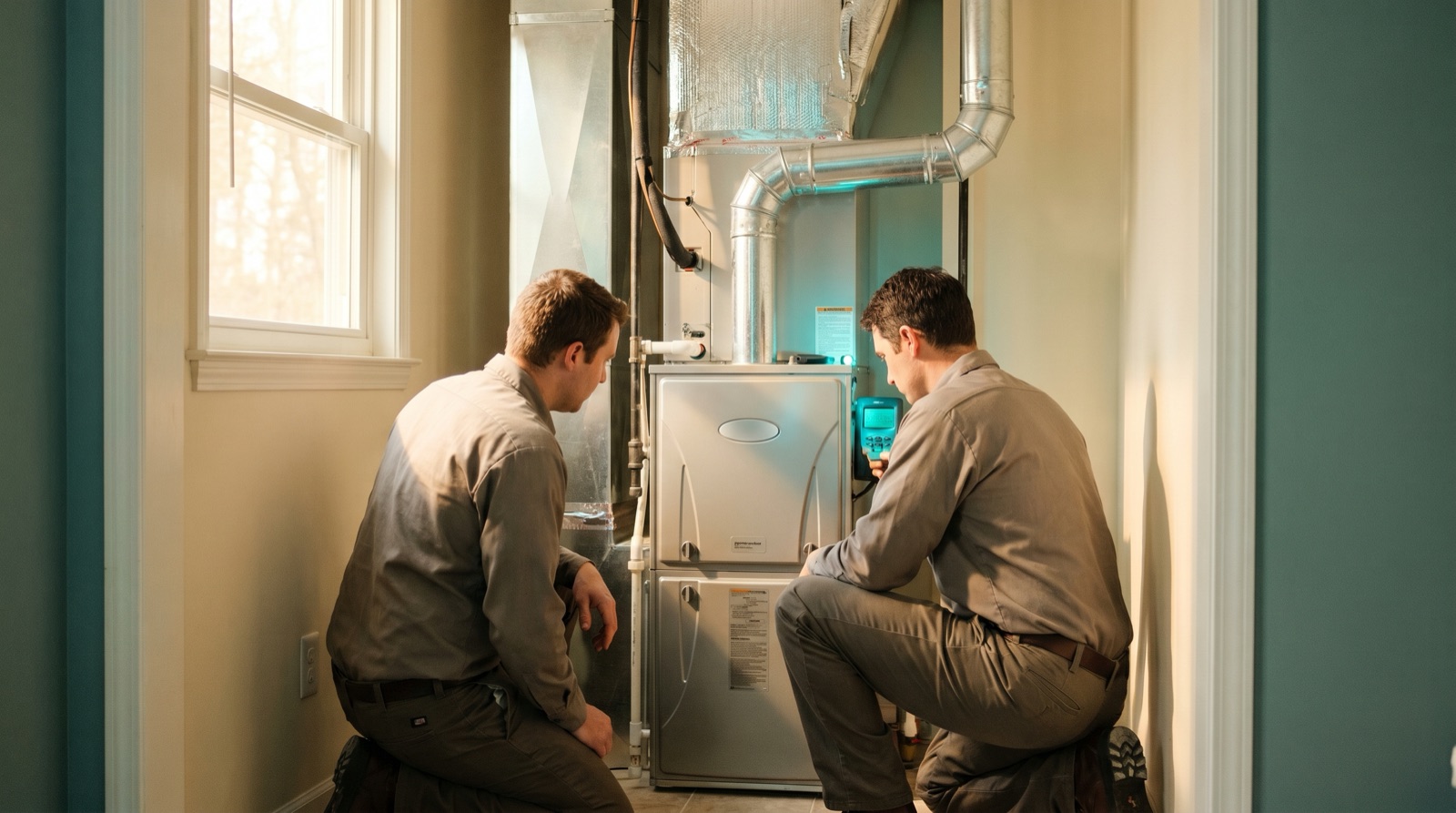 Technicians installing a new high-efficiency gas furnace in a Utah home
