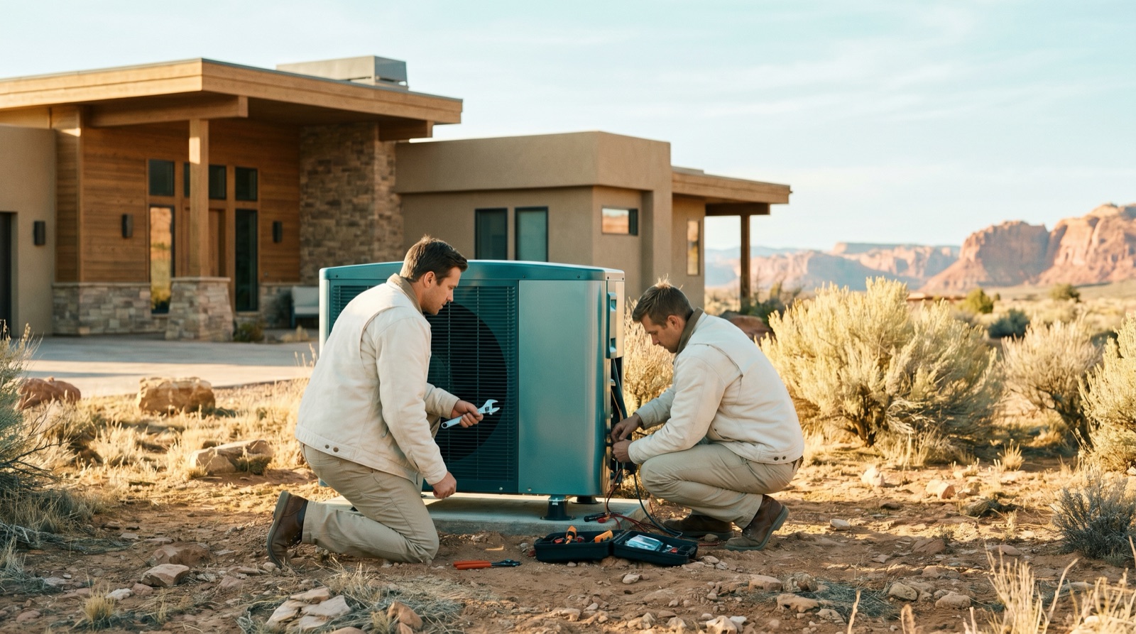 Technicians installing a heat pump system outside a modern Utah home in summer