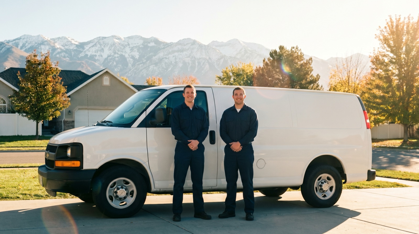 The Home Performance Pros HVAC team beside their service van with the Wasatch mountains behind